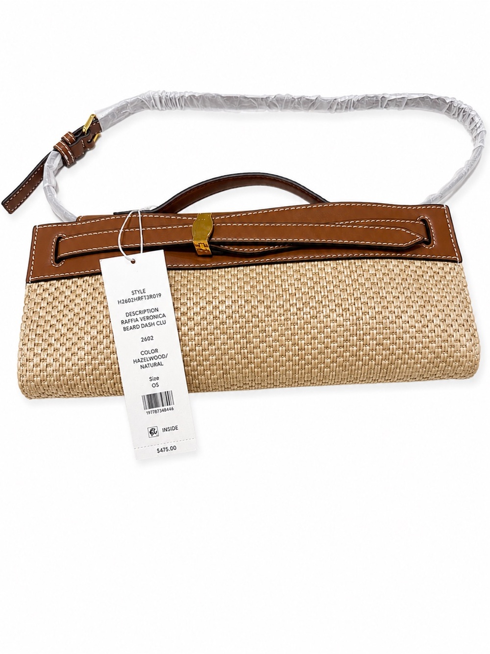 Veronica Beard Dash Raffia Clutch Hazelwood Leather Top Handle Bag - Picture 7 of 12